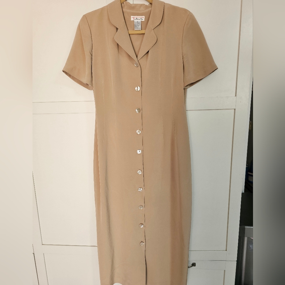 Talbots Vintage 100% Silk Maxi Dress Size 8 Beige Button Front Lined Excellent